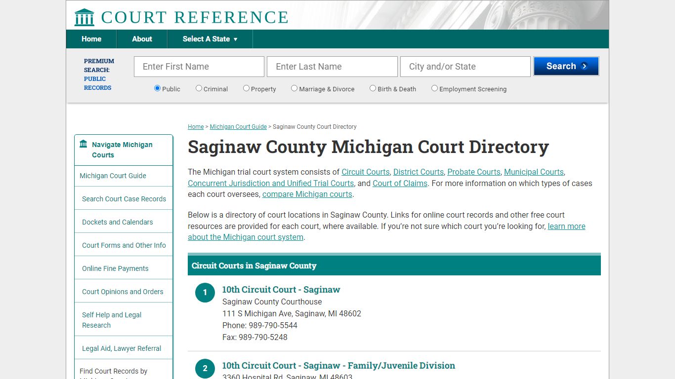 Saginaw County Michigan Court Directory | CourtReference.com